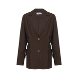 Bruine blazer met knoopsluiting en striksluiting opzij, productfoto | Fluresk Feline blazer | Jo&Co Club