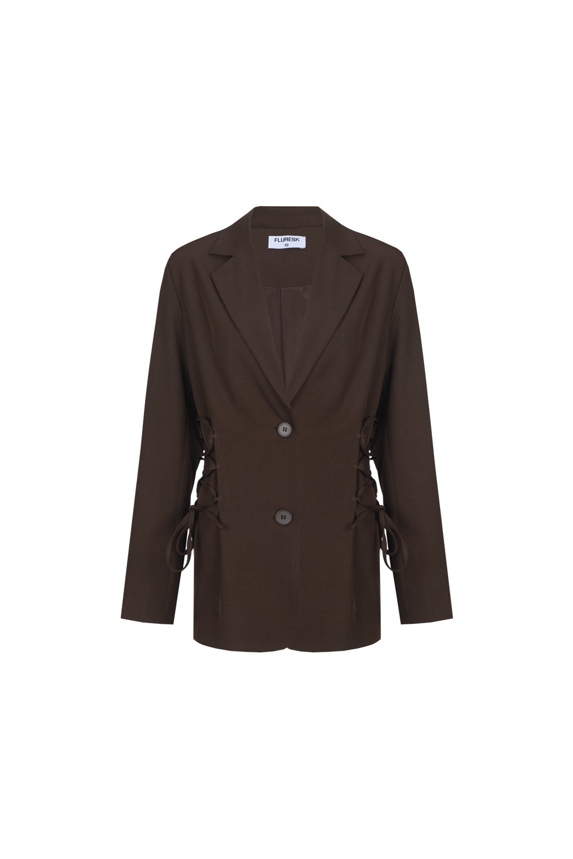 Bruine blazer met knoopsluiting en striksluiting opzij, productfoto | Fluresk Feline blazer | Jo&Co Club