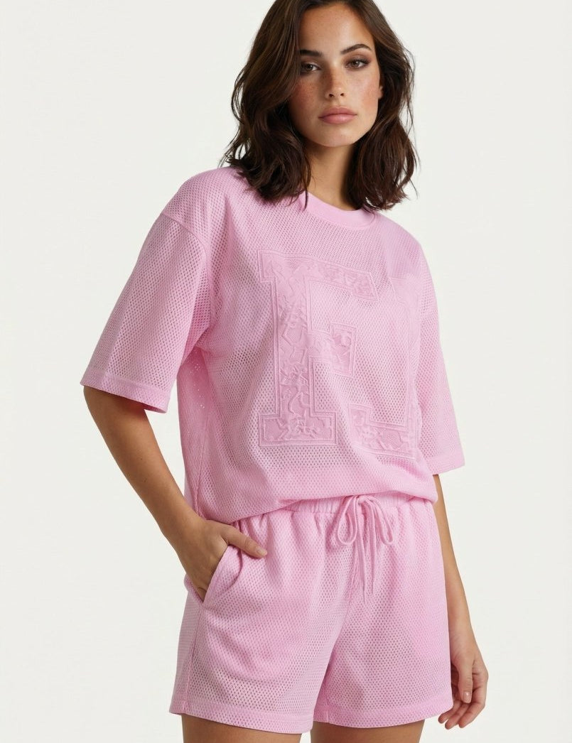 Tweedelige set roze – mesh T-shirt en short met reliëf | Jo&Co Club