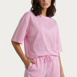 Tweedelige set roze – mesh T-shirt en short met reliëf | Jo&Co Club