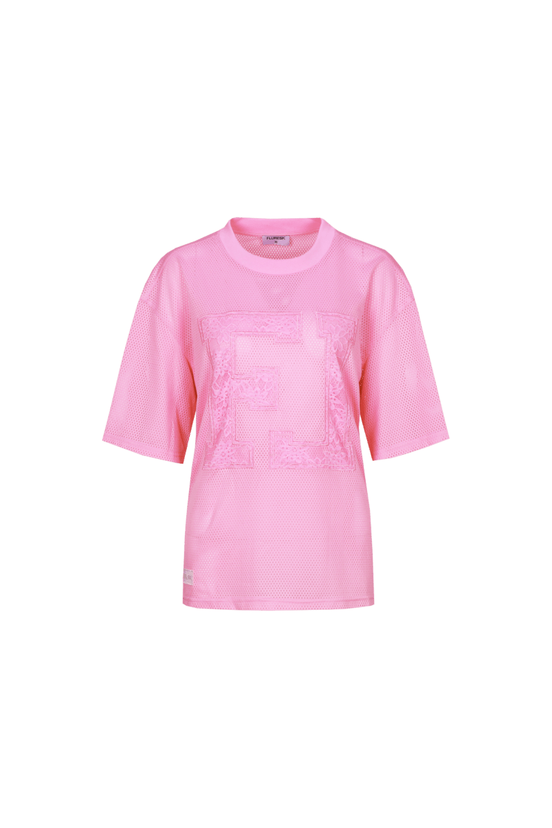 Fluresk T-shirt in Blush Rose – oversized mesh shirt met ton-sur-ton F-logo | Jo&Co Club