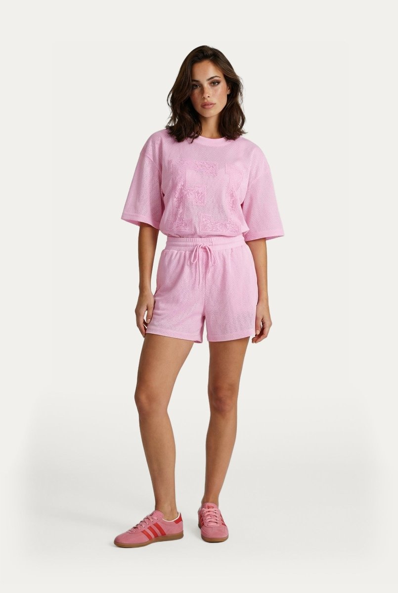 Roze set met T-shirt en short – model in een sportieve mesh set met tonaal logo | Jo&Co Club