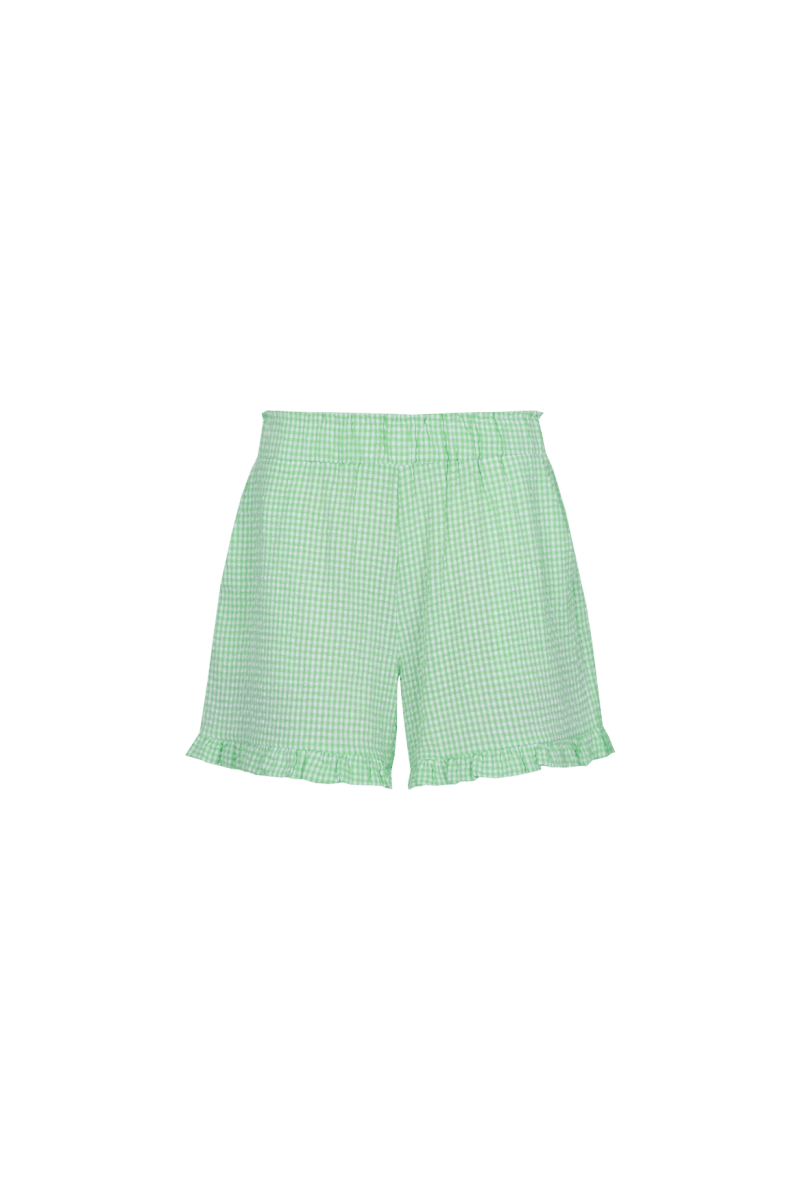Shorts Vivid Green – lichtgroene gingham short met ruches aan de zoom | Jo&Co Club