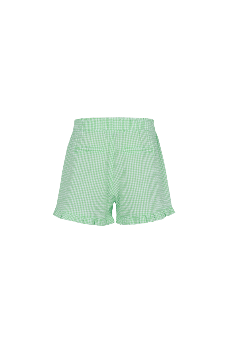 Shorts shorts Vivid Green – achterkant van lichtgroene ruitjesshorts met ruches | Jo&Co Club