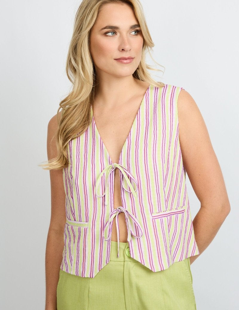 Fluresk Gilet Beatriz in groen/paars gestreept – mouwloze top met strikjes aan de voorkant | Jo&Co Club