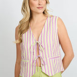 Fluresk Gilet Beatriz in groen/paars gestreept – mouwloze top met strikjes aan de voorkant | Jo&Co Club