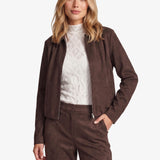 Donkerbruin suedine jack met rits, vooraanzicht | Fluresk Ginny jacket | Jo&Co Club