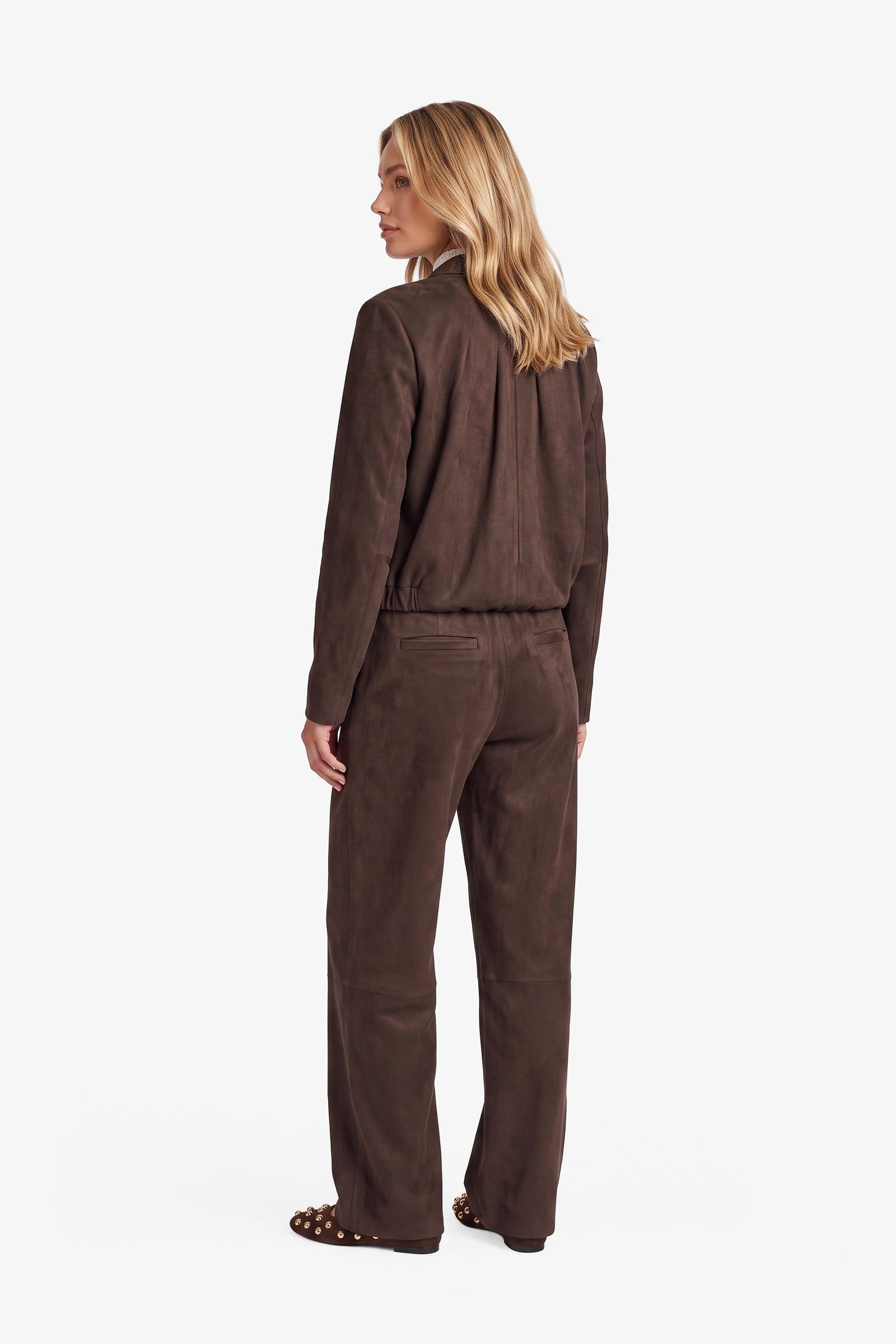 Donkerbruin suedine jack met rits, achterkant | Fluresk Ginny jacket | Jo&Co Club