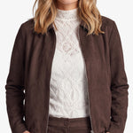 Donkerbruin suedine jack met rits, detailfoto | Fluresk Ginny jacket | Jo&Co Club