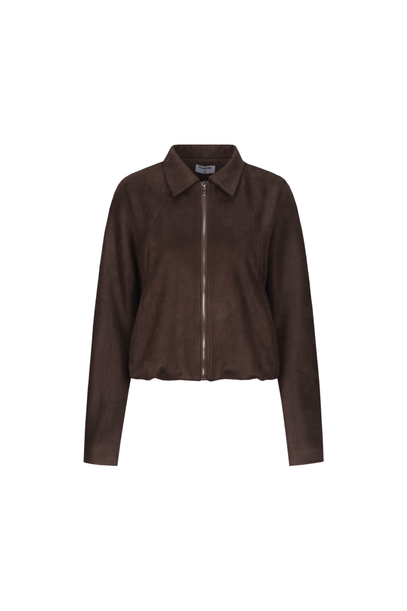 Donkerbruin suedine jack met rits, productfoto | Fluresk Ginny jacket | Jo&Co Club