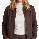 Donkerbruin suedine jack met rits, detailfoto | Fluresk Ginny jacket | Jo&Co Club