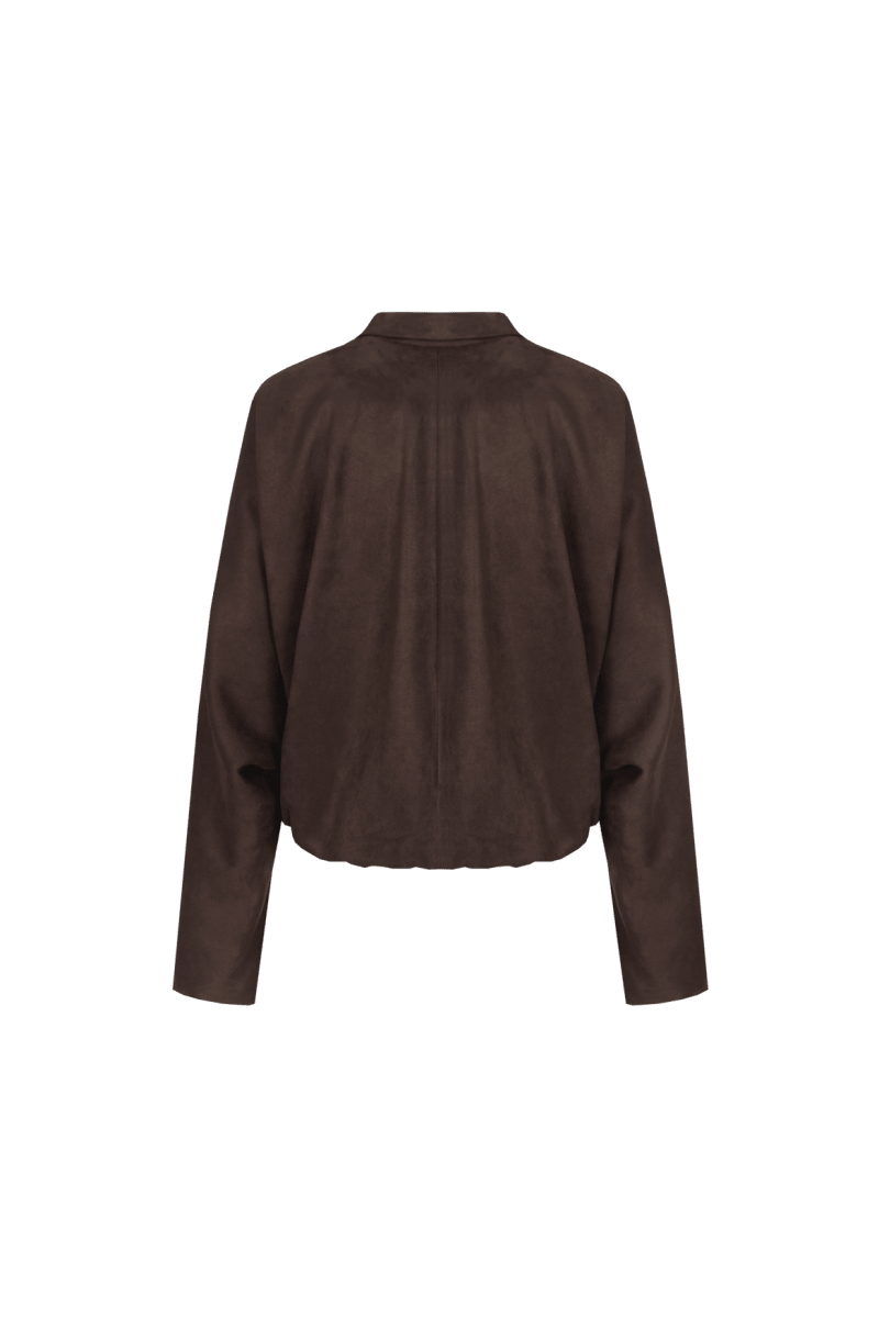 Donkerbruin suedine jack met rits, productfoto achterzijde | Fluresk Ginny jacket | Jo&Co Club