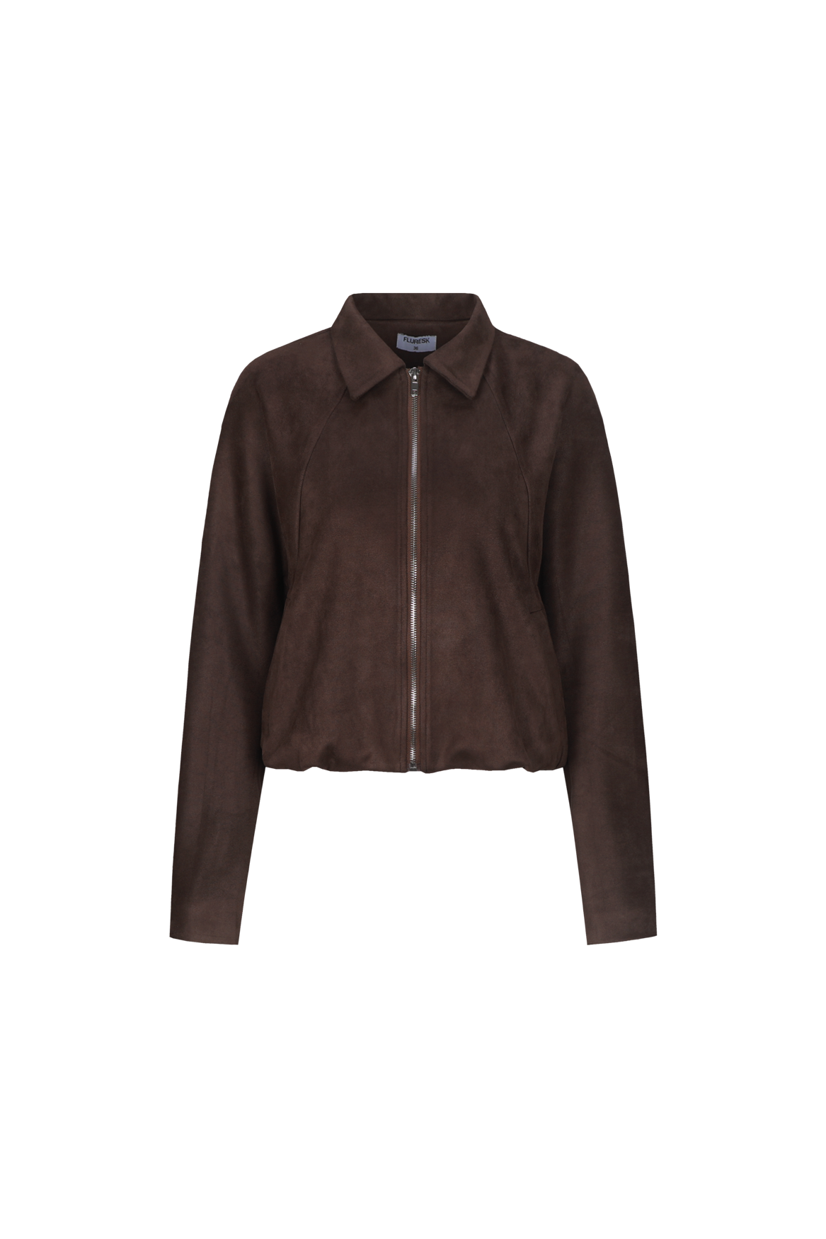 Donkerbruin suedine jack met rits, productfoto | Fluresk Ginny jacket | Jo&Co Club