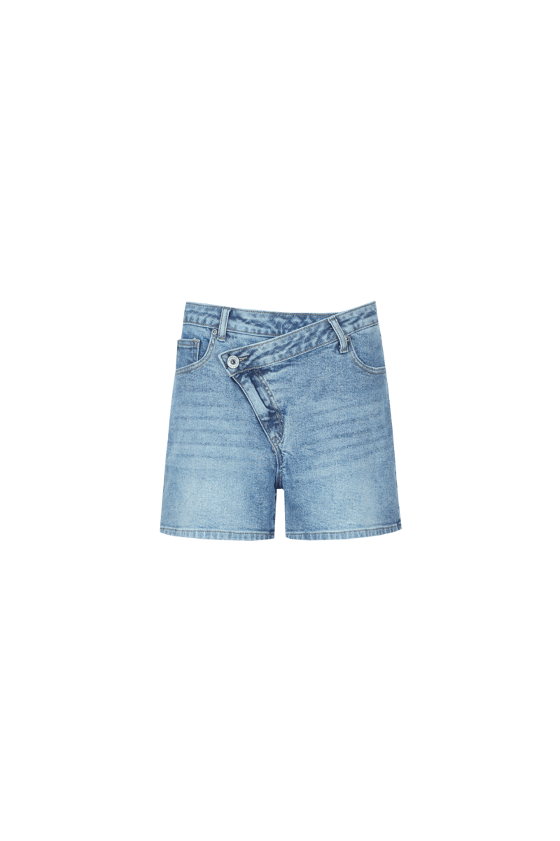 Shorts Denim Mid Blue – denim short met asymmetrische cross-over tailleband | Jo&Co Club
