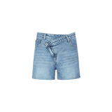 Shorts Denim Mid Blue – denim short met asymmetrische cross-over tailleband | Jo&Co Club
