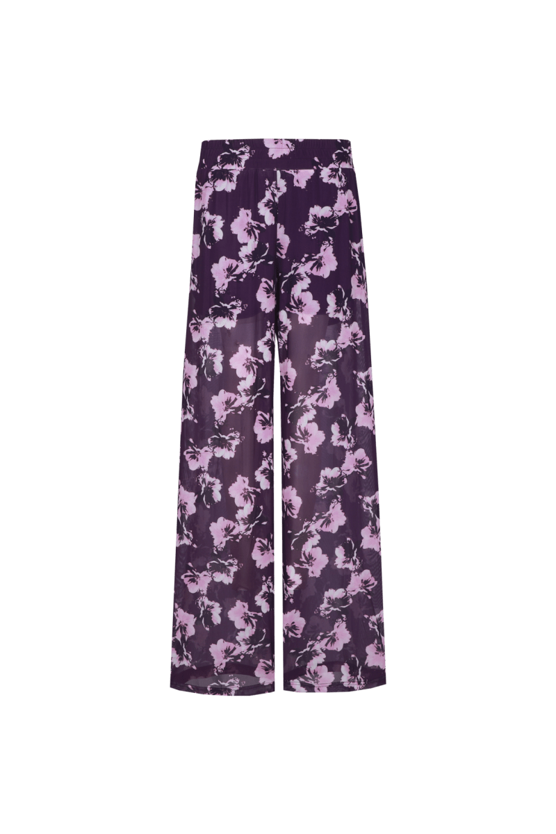Broek pants Royal Plum – Wijdvallende, doorschijnende broek met bloemenprint | Jo&Co Club
