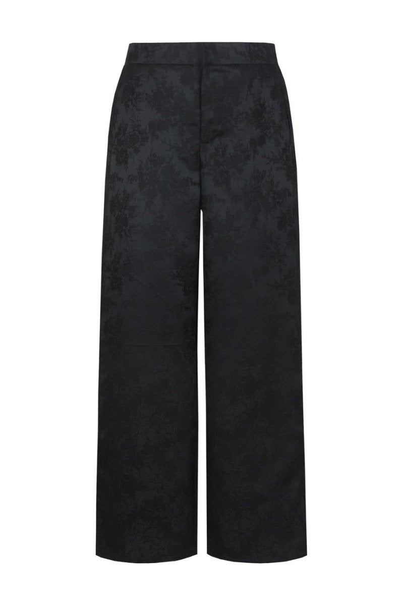 Jacquard broek Fluresk Marly in zwart – wijde pijpen met geweven bloemenmotief, voorkant | Jo&Co Club