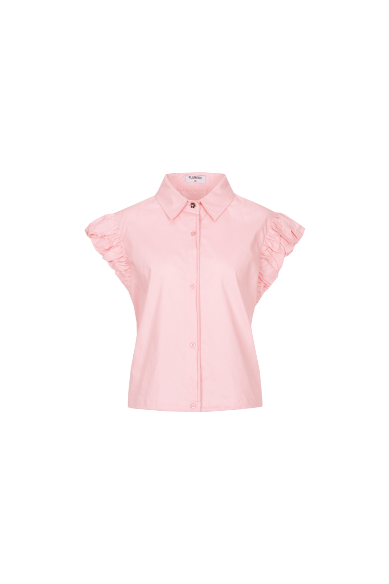 Blouse Fluresk Blush Peach – lichtroze blouse met ruchemouwen | Jo&Co Club