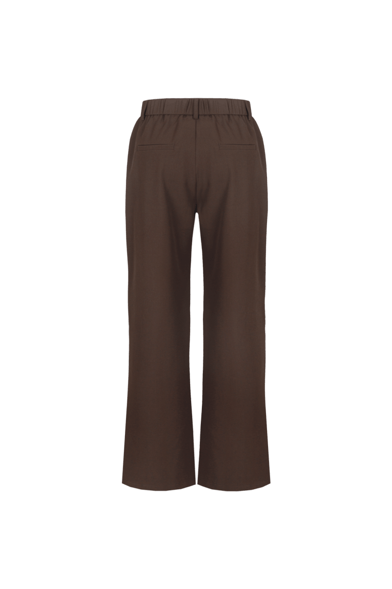 Bruine pantalon met rechte pijpen en persplooi, productfoto achterzijde | Fluresk Javi pants | Jo&Co Club