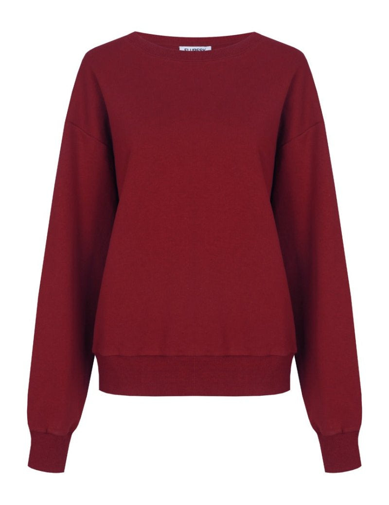 Rode sweater Fluresk Jessie in tango blush – ronde hals en geribde boorden, voorkant | Jo&Co Club