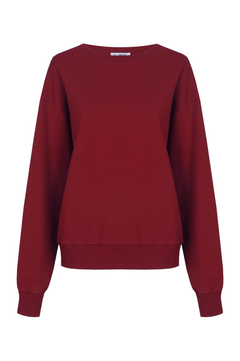 Rode sweater Fluresk Jessie in tango blush – ronde hals en geribde boorden, voorkant | Jo&Co Club