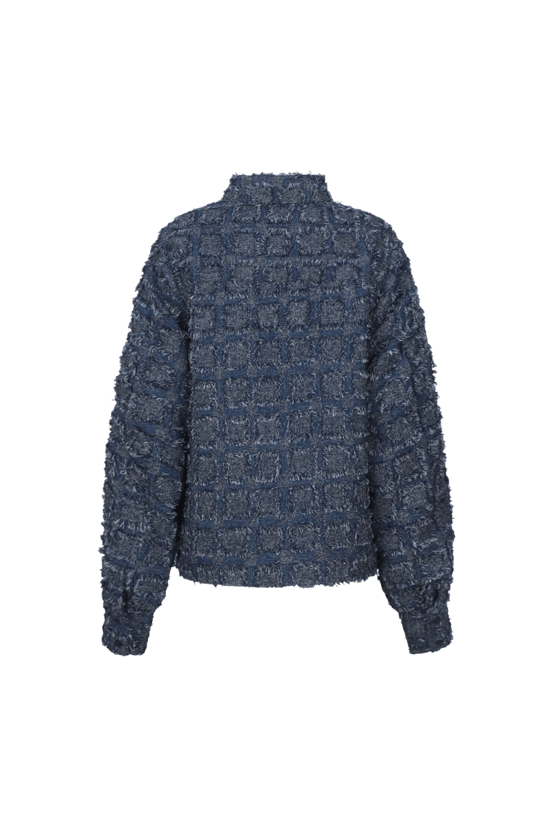 Donkerblauwe blouse met franjestructuur, productfoto achterzijde | Fluresk Kris blouse | Jo&Co Club