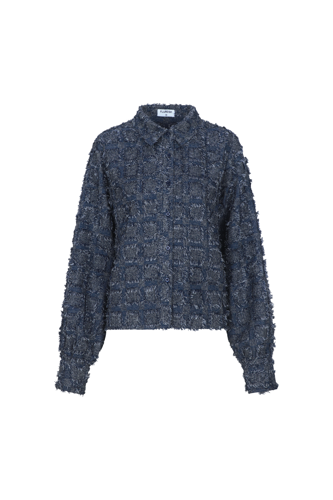 Donkerblauwe blouse met franjestructuur, productfoto | Fluresk Kris blouse | Jo&Co Club