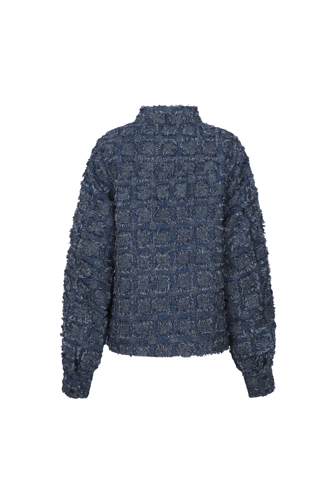 Donkerblauwe blouse met franjestructuur, productfoto achterzijde | Fluresk Kris blouse | Jo&Co Club