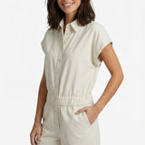 Playsuit gebroken wit – Korte jumpsuit met knopen, kraag en elastische taille. | Jo&Co Club
