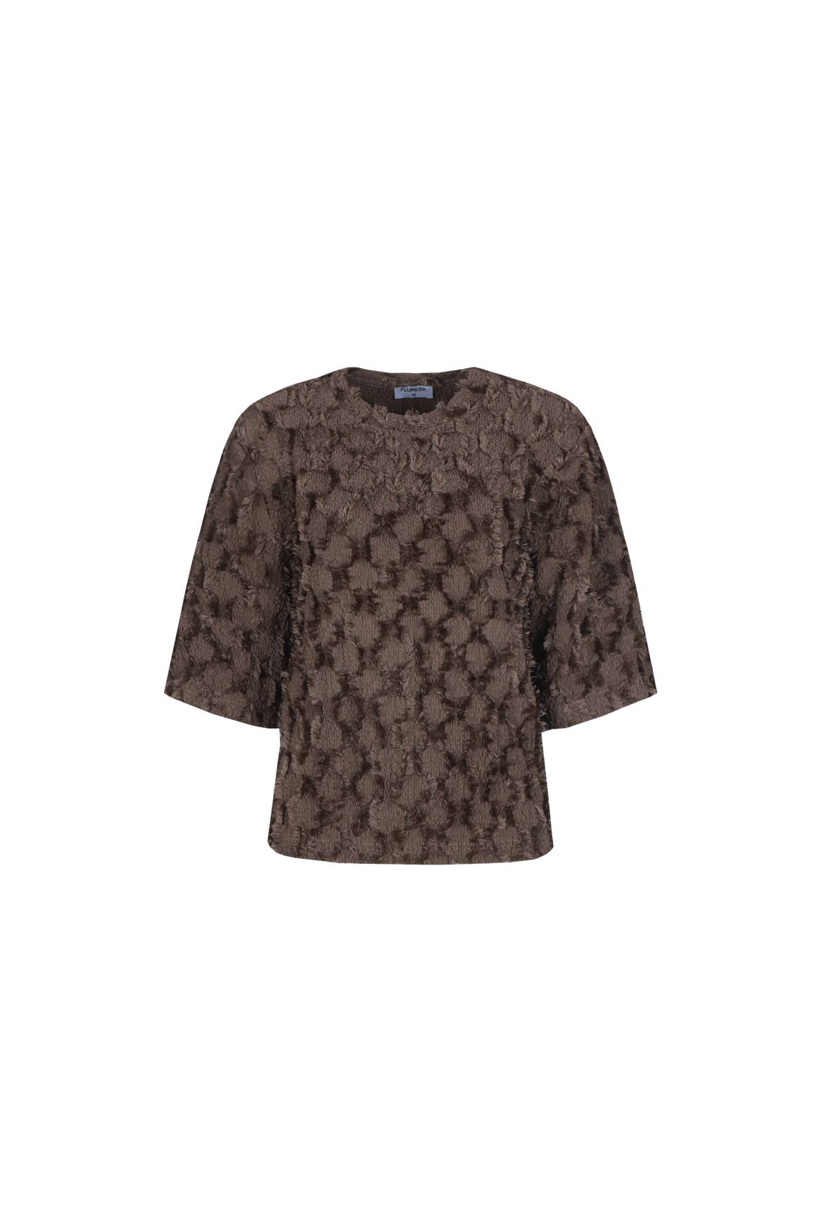 Bruine top met reliefstructuur en halflange mouwen, productfoto | Fluresk Liosa top | Jo&Co Club