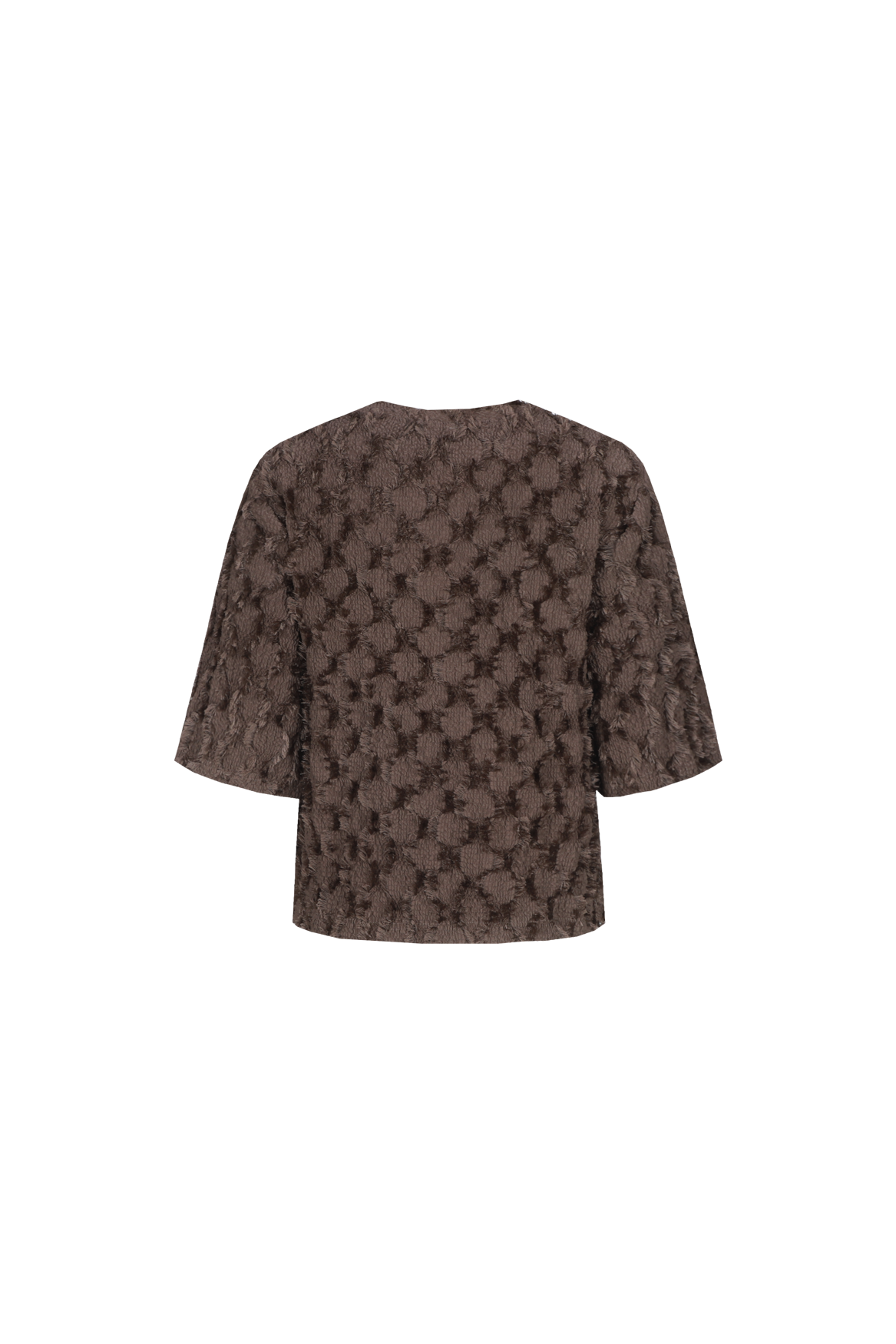 Bruine top met reliefstructuur en halflange mouwen, productfoto achterzijde | Fluresk Liosa top | Jo&Co Club
