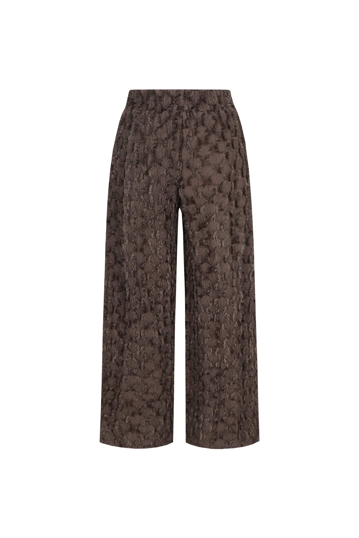 Bruine wijde broek met reliefstructuur, productfoto achterzijde | Fluresk Loa pants | Jo&Co Club