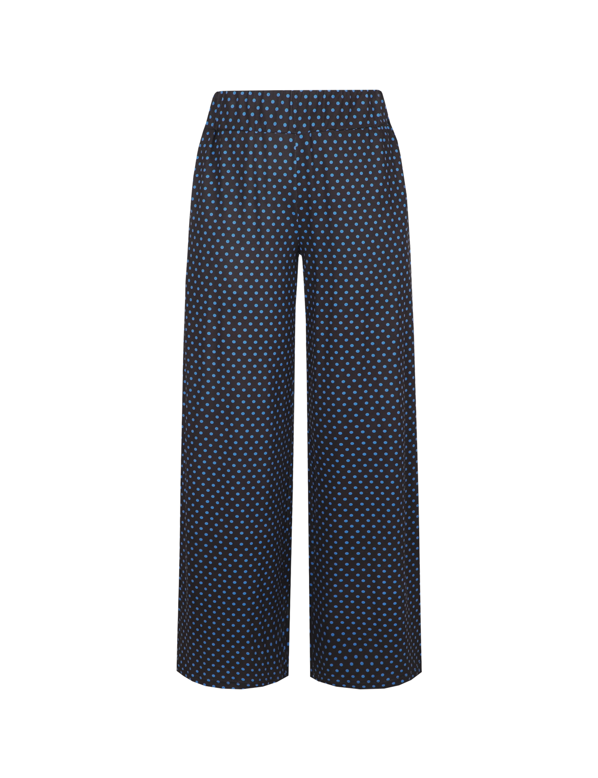 Donkerblauwe wijde broek met bruine stippenprint, vooraanzicht | Fluresk Lydia pants | Jo&Co Club