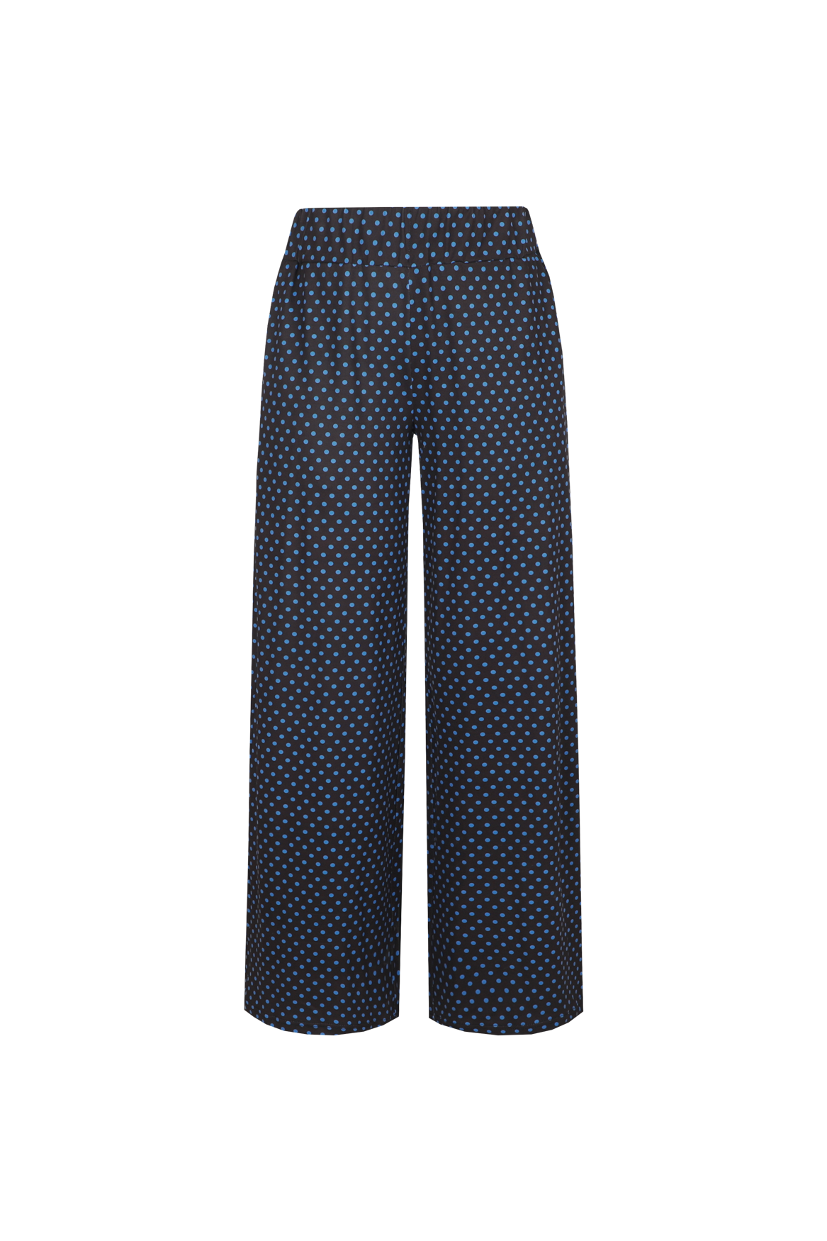 Donkerblauwe wijde broek met bruine stippenprint, vooraanzicht | Fluresk Lydia pants | Jo&Co Club