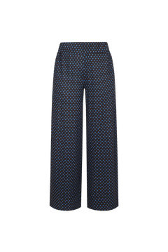 Donkerblauwe wijde broek met bruine stippenprint, vooraanzicht | Fluresk Lydia pants | Jo&Co Club