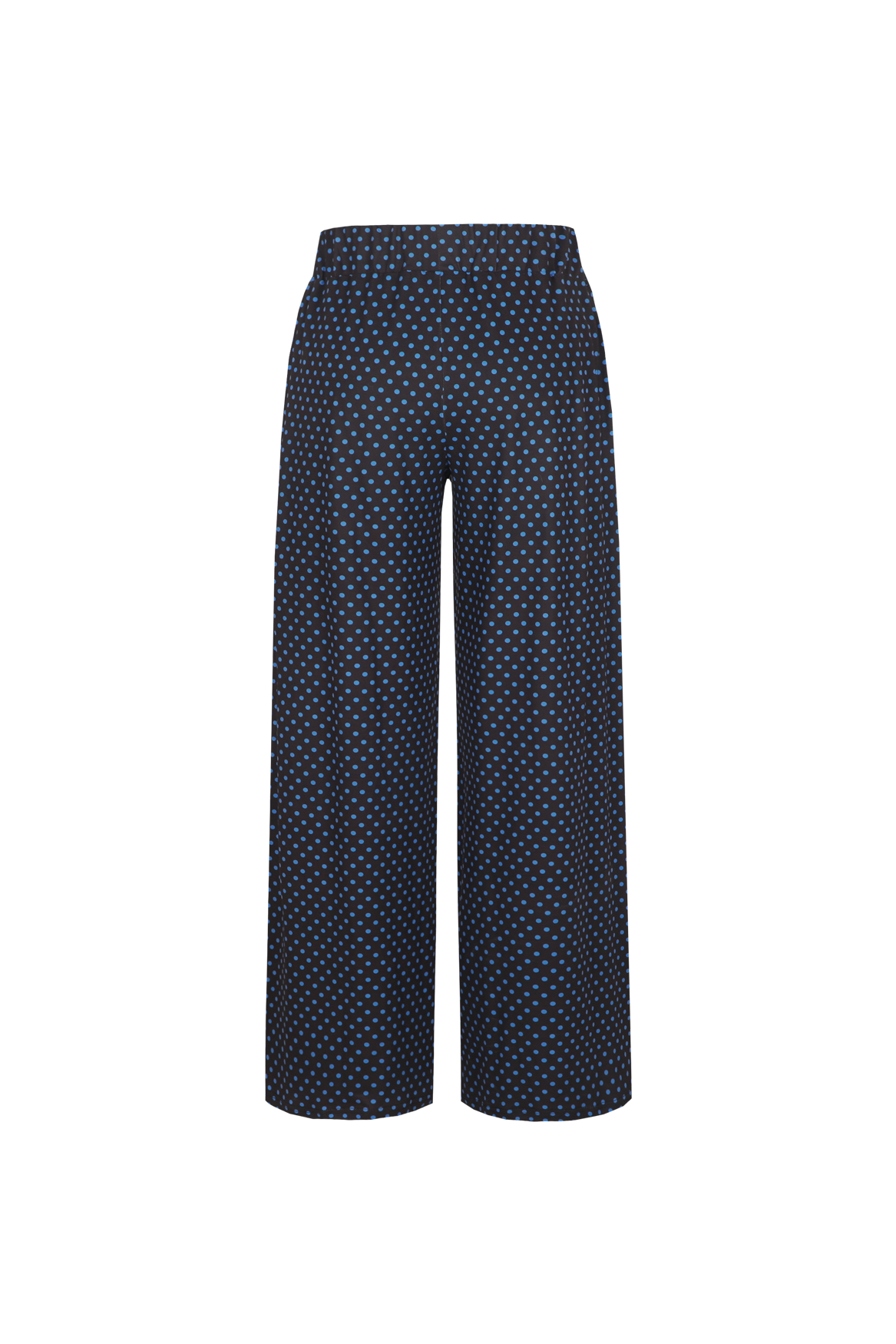 Donkerblauwe wijde broek met bruine stippenprint, vooraanzicht | Fluresk Lydia pants | Jo&Co Club