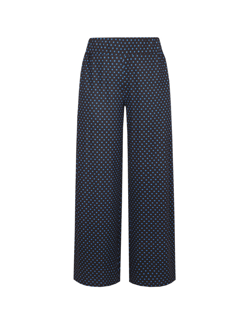 Donkerblauwe wijde broek met bruine stippenprint, vooraanzicht | Fluresk Lydia pants | Jo&Co Club