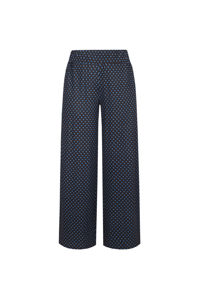 Donkerblauwe wijde broek met bruine stippenprint, vooraanzicht | Fluresk Lydia pants | Jo&Co Club