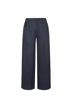 Donkerblauwe wijde broek met bruine stippenprint, vooraanzicht | Fluresk Lydia pants | Jo&Co Club