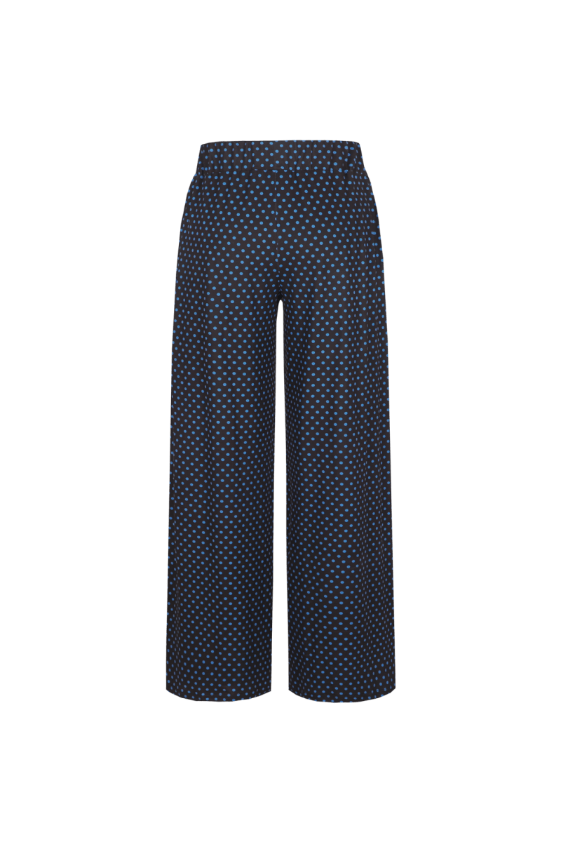 Donkerblauwe wijde broek met bruine stippenprint, vooraanzicht | Fluresk Lydia pants | Jo&Co Club