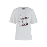 Fluresk t-shirt wit met rode cherry print er op met de tekst cherry gang