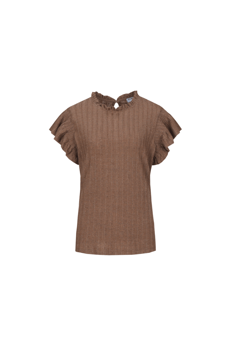 Fluresk top Walnut – bruine, geribde top met ruches aan kraag en mouwen | Jo&Co Club