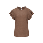 Fluresk top Walnut – bruine, geribde top met ruches aan kraag en mouwen | Jo&Co Club