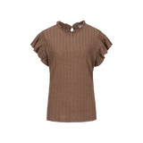 Fluresk top Walnut – bruine, geribde top met ruches aan kraag en mouwen | Jo&Co Club