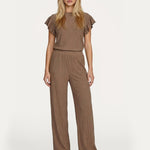 Jumpsuit bruin – Geribde set met ruches aan de mouwen en wijde pijpen | Jo&Co Club