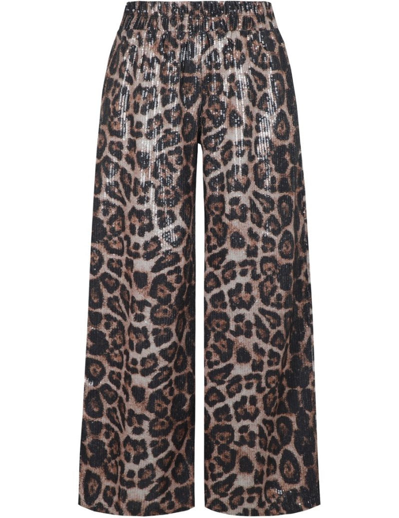 Panterprint broek Fluresk Esra met pailletten – wijde pijpen en elastische taille, voorkant | Jo&Co Club