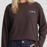 Sweater met print Fluresk Anya in chocoladebruin – ronde hals en klein logo op de borst | Jo&Co Club