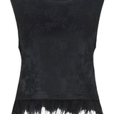 Top met veren Fluresk Ilfa in zwart – mouwloos jacquard met verenzoom, voorkant | Jo&Co Club