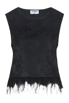 Top met veren Fluresk Ilfa in zwart – mouwloos jacquard met verenzoom, voorkant | Jo&Co Club