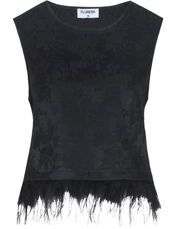 Top met veren Fluresk Ilfa in zwart – mouwloos jacquard met verenzoom, voorkant | Jo&Co Club